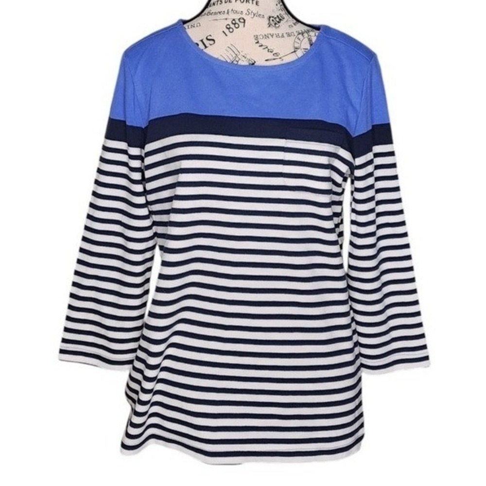Karen Scott Sport Blue White Striped Long Sleeve Top Size M Casual Knit